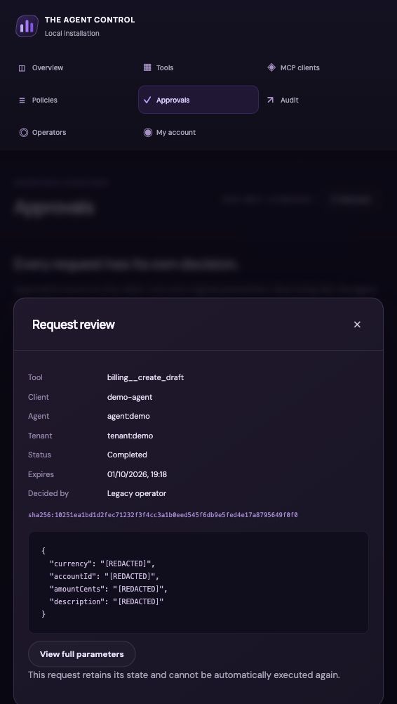 ACL console screenshot: Review a request and let the agent resume